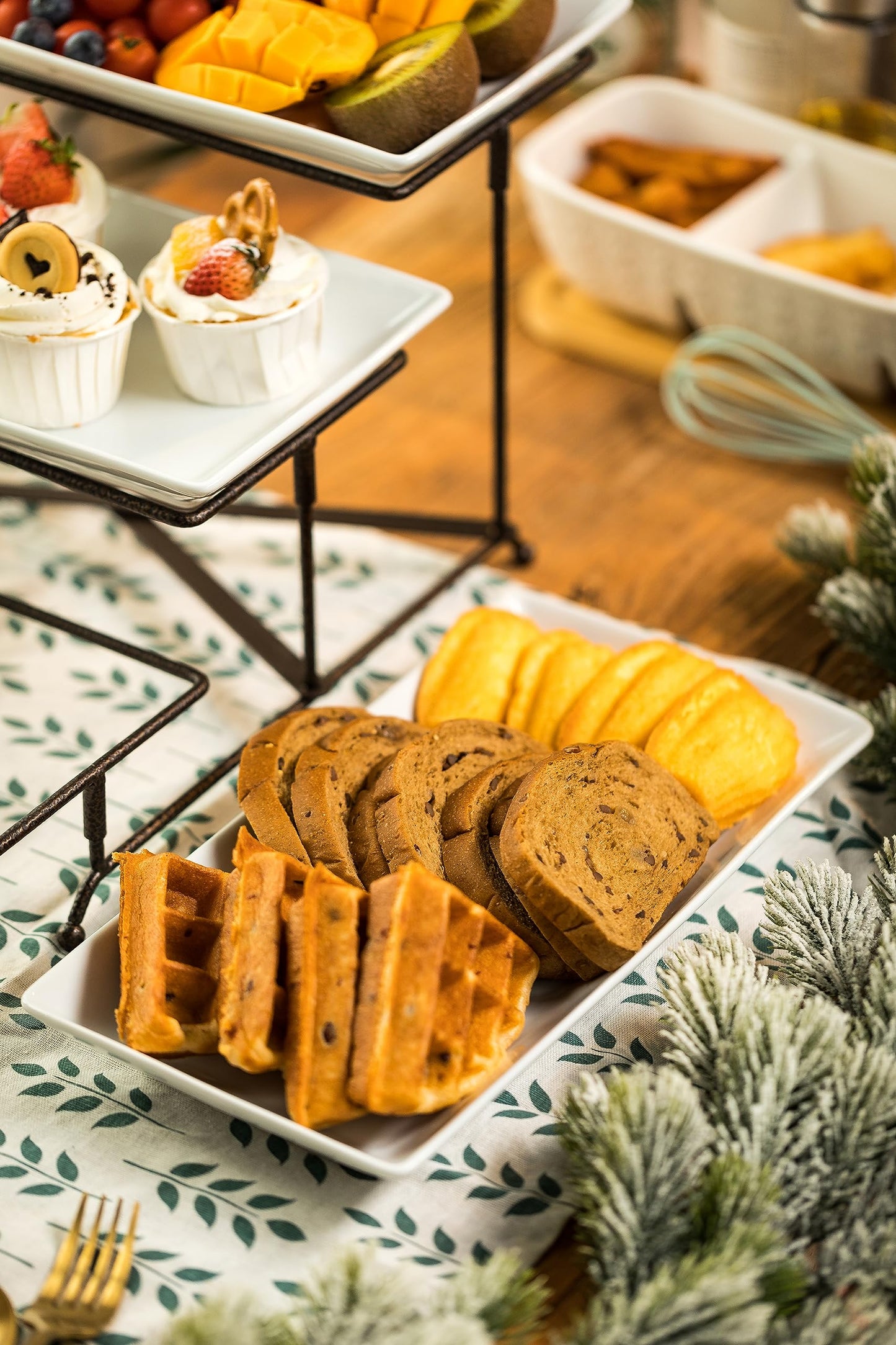 LAUCHUH 3 Tier Serving Stand Collapsible Sturdier Rack with 3 Porcelain Serving Platters Tier Serving Trays for Fruit Dessert Presentation Thanksgiving Christmas Party Display Set, 12 Inch, Bronze