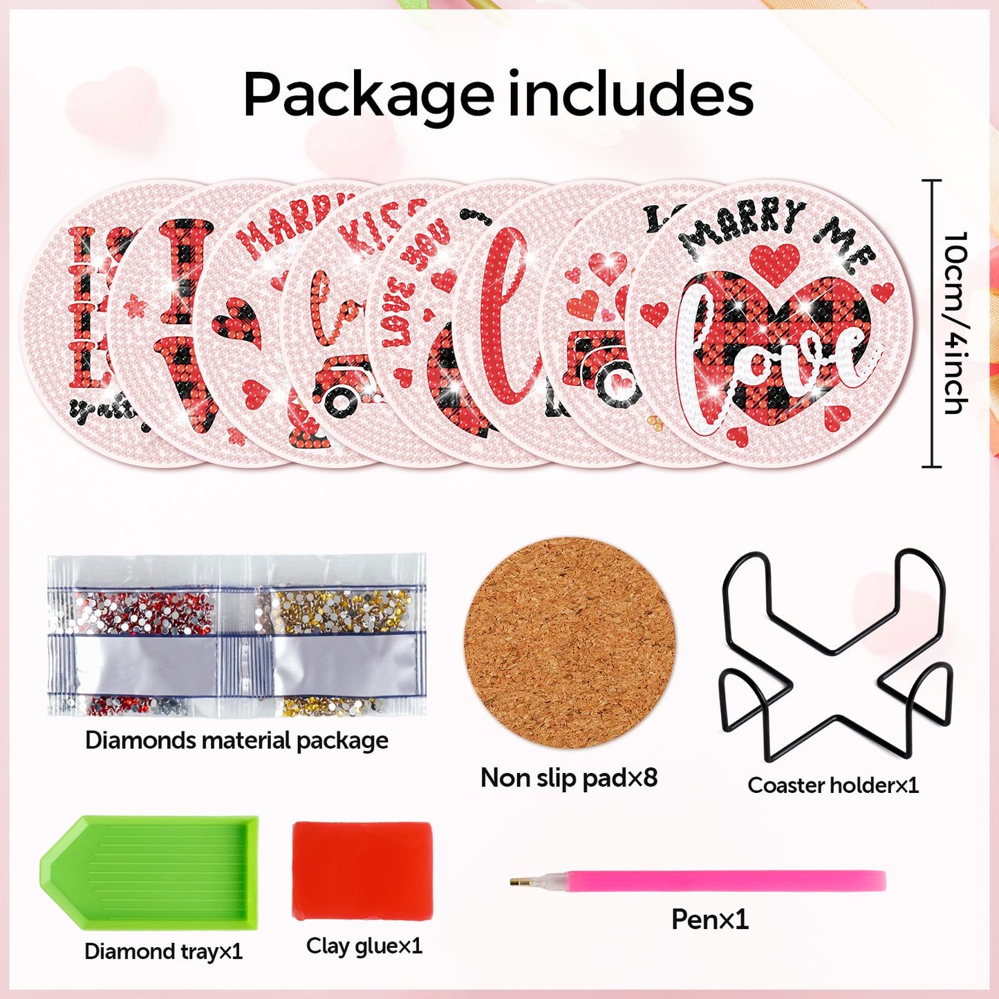 clothmile 8 PCS Valentine’s Day Diamond Art Coasters Love Diamond Painting Coasters Kits with Holder DIY Coasters for Beginners, Adults, Kids, Diamond Art Crafts Supplies (Valentines)