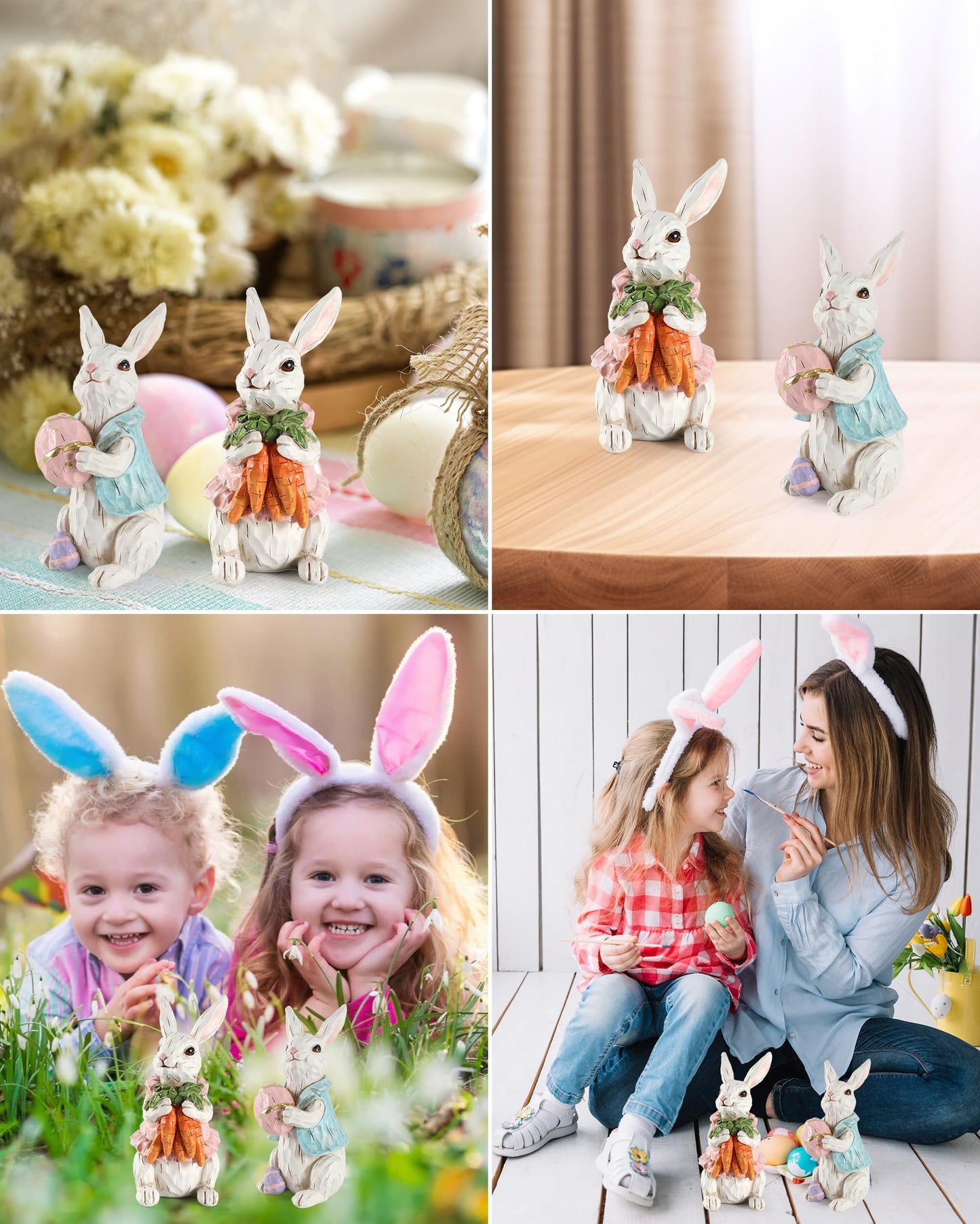 iStatue Easter Bunnies, Set of 2 Resin 5'' Bunny Figurines with Resurrection Eggs and Carrots - Hand-Painted Statue Spring Easter Decorations for The Home Decor Office Gift (Easter Bunnies)