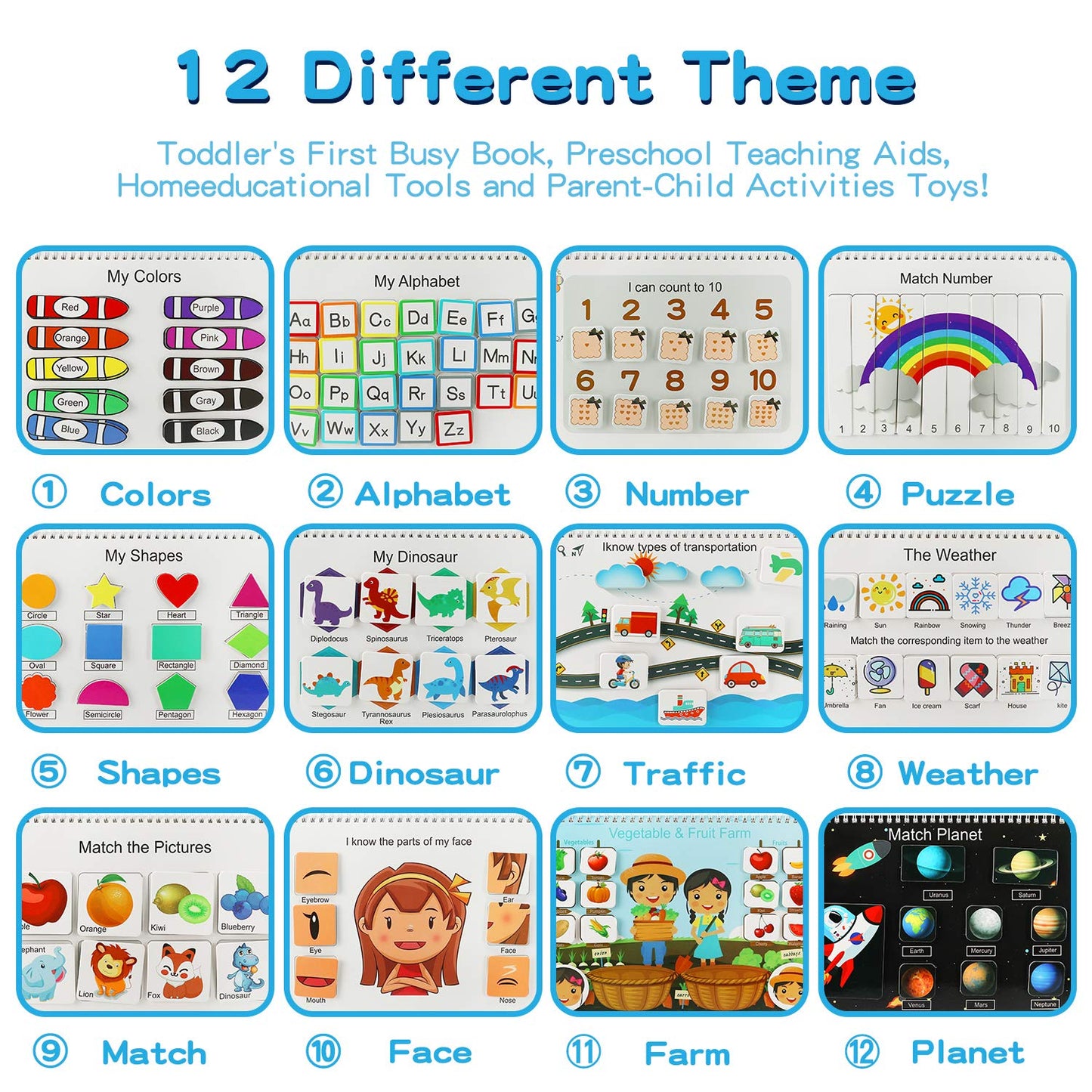 Busy Book for Kids, Montessori Autism Sensory Educational Toys, 12 Pages Toddler Preschool Activity Binder and Early Learning Toys - for Boys & Girls Develops Fine Motor Skills