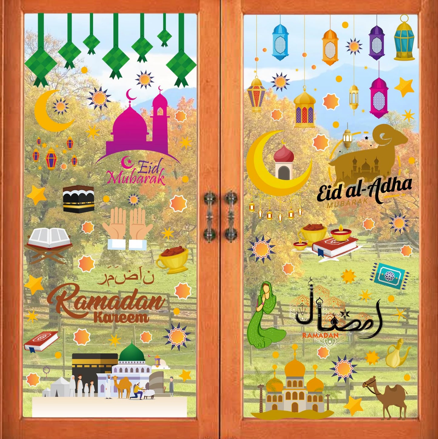 Ramadan Decorations Window clings Eid Mubarak Window Stickers Party Supplies Decorations Muslim Happiness Ramadan Eid Al-fitr Window Decor for Home Window Stickers