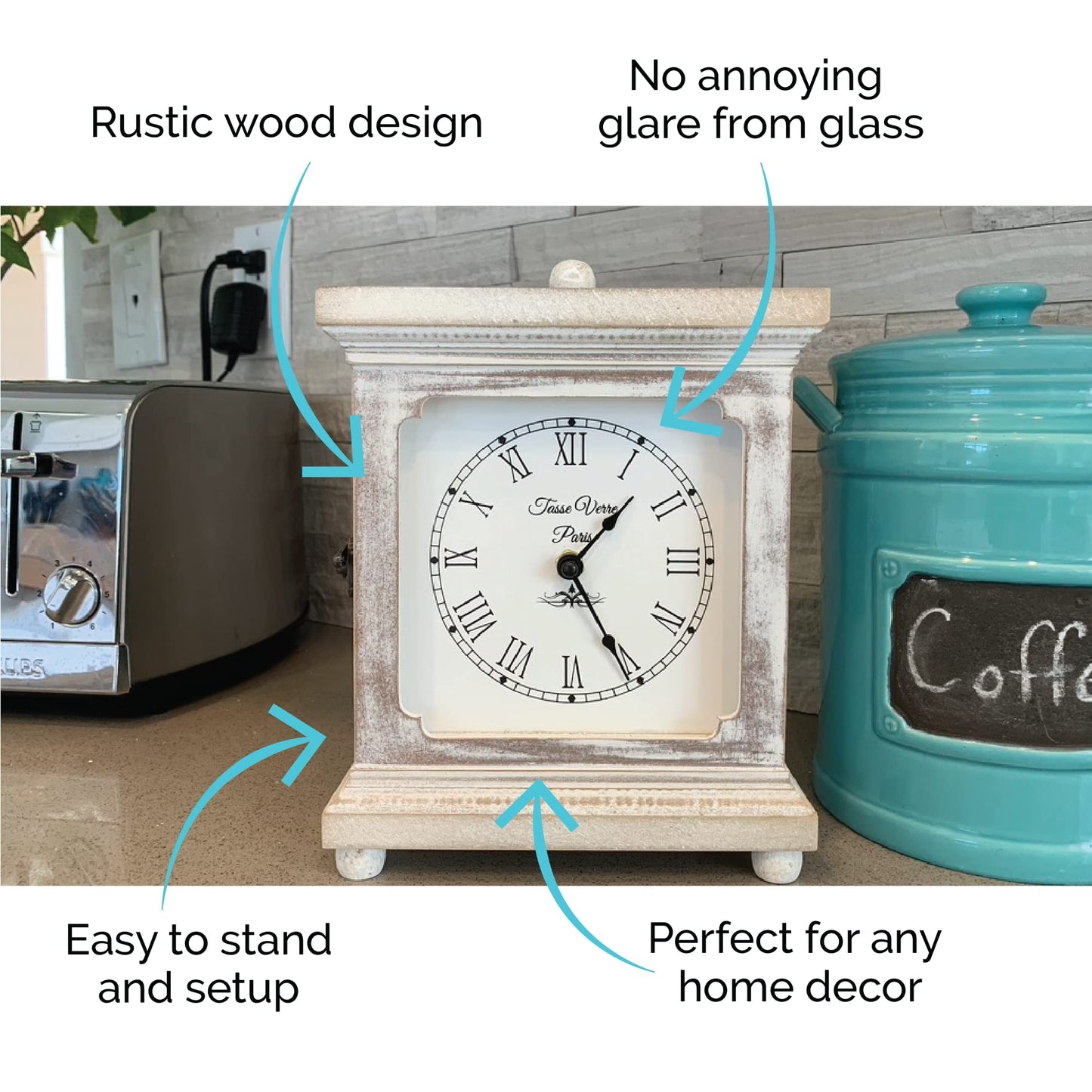 Tasse Verre Rustic Shelf Clock (Quiet) for Living Room Mantel, Table, Or Desk 9" X 7" Farmhouse Decor Distressed White Washed Wood Silent - Office Fireplace. AA Battery Operated Non-Digital, Tan