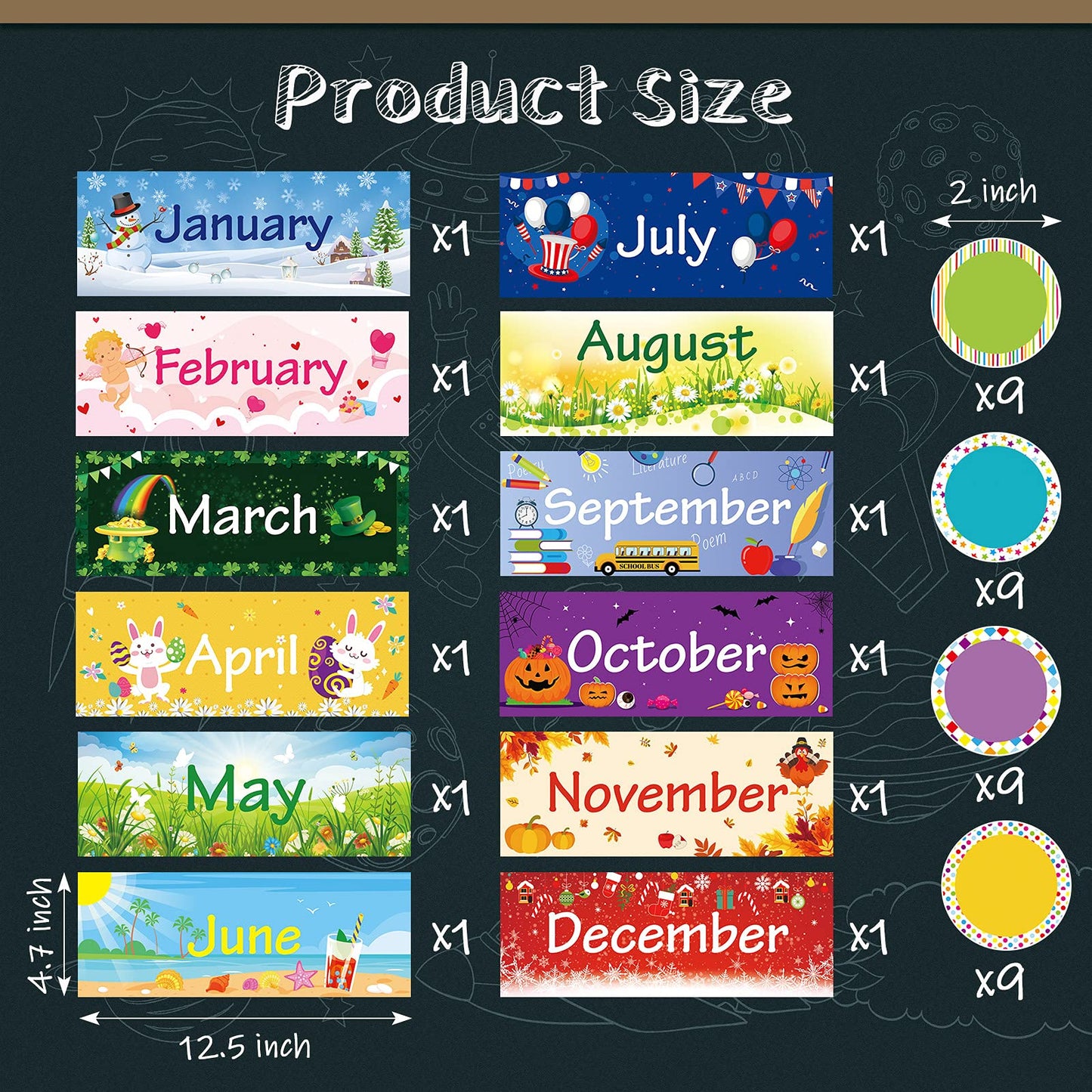 48 Pieces Holiday Monthly Headliners Set 12 Months of The Year Headers Monthly Bulletin Board Borders Seasonal Monthly Headers with 36 Round Blank Confetti Cutouts for School Bulletin (Cute Style)