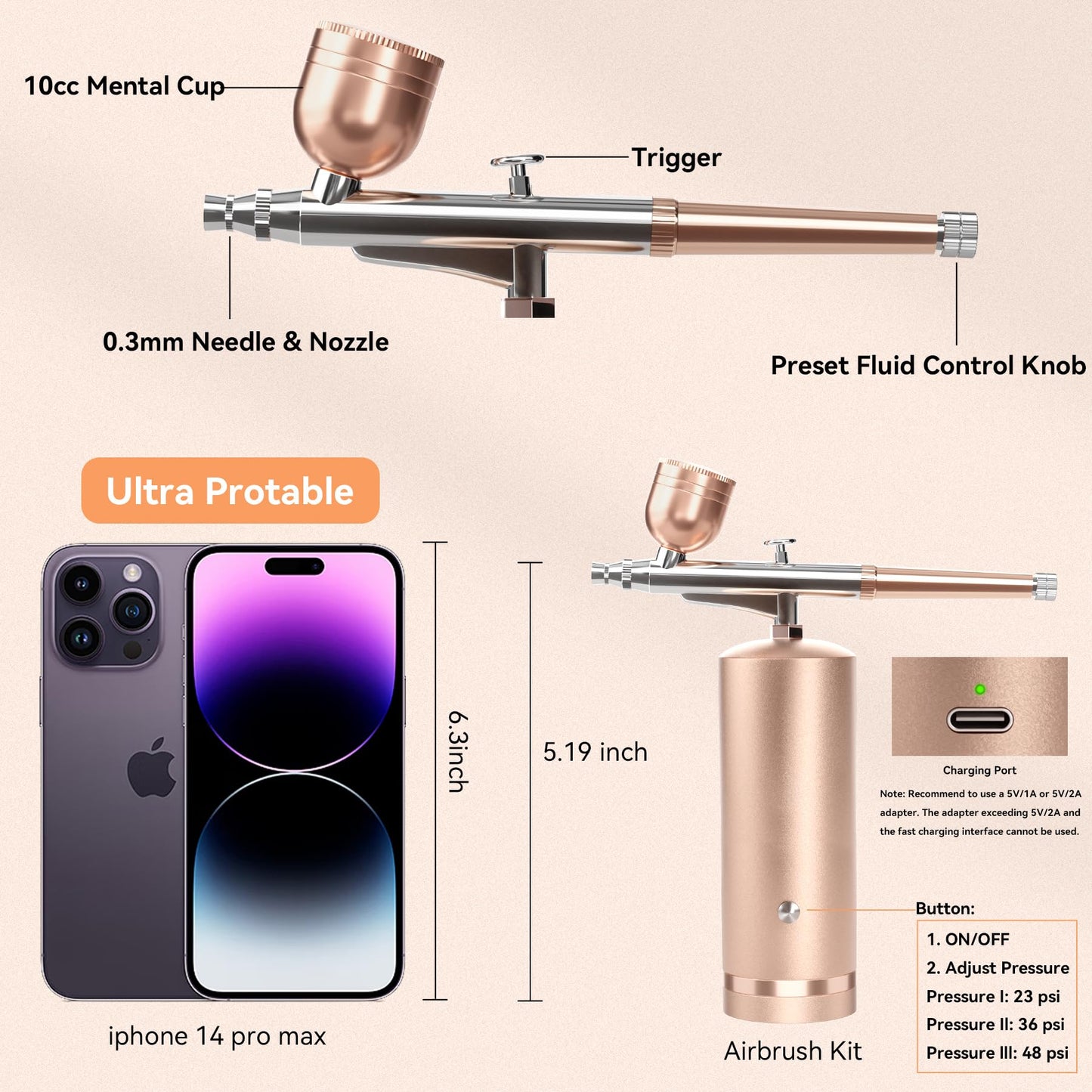 Airbrush Kit With Compressor - 48PSI Rechargeable Cordless Non-Clogging High-Pressure Air Brush Set with 0.3mm Nozzle and Cleaning Brush Set for Nail Art, Makeup, Painting, Cake Decor