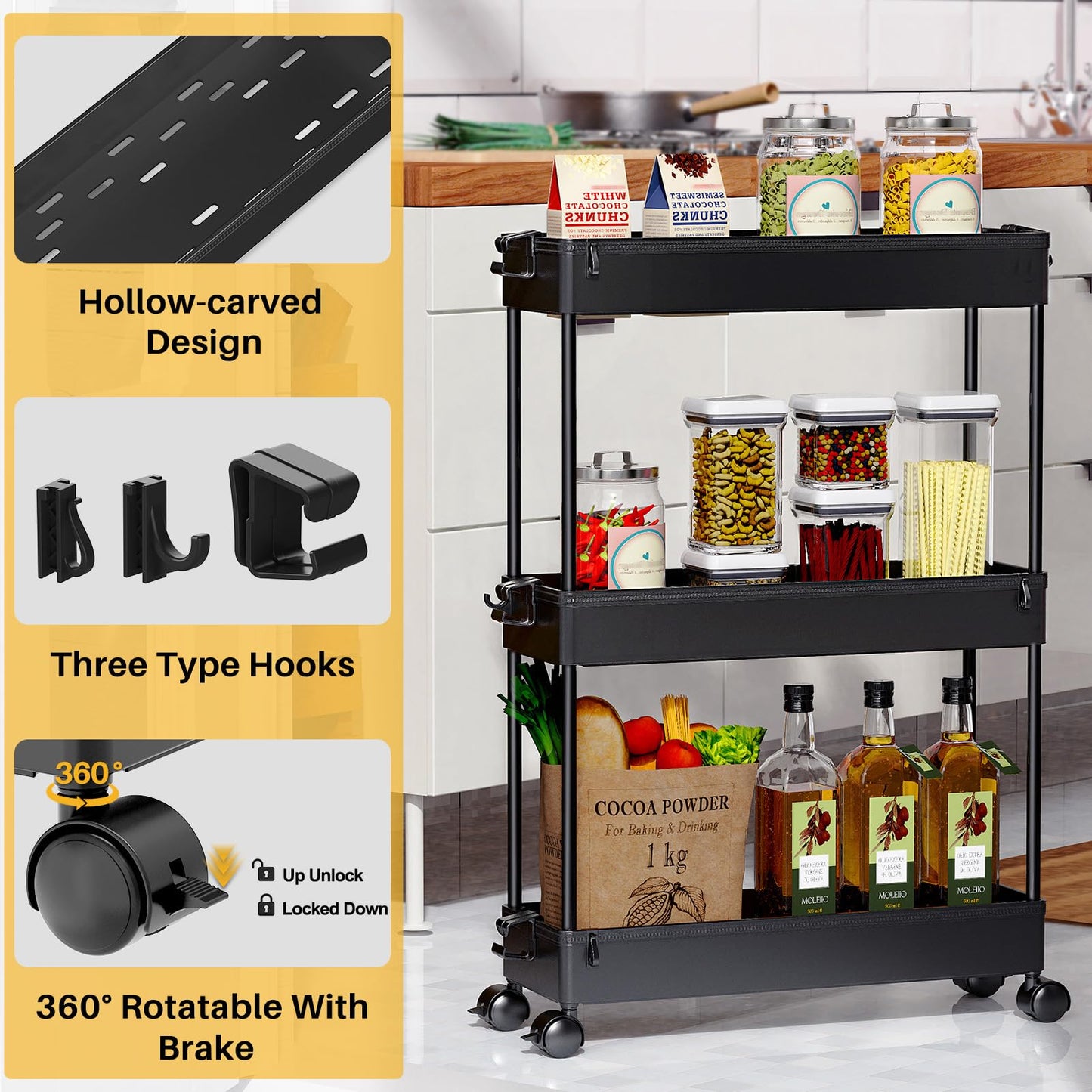 SPACEKEEPER Slim Rolling Storage Cart, Laundry Room Organization, 3 Tier Mobile Utility Shelving Unit Bathroom Organizer Storage for Kitchen, Narrow Places(Black)