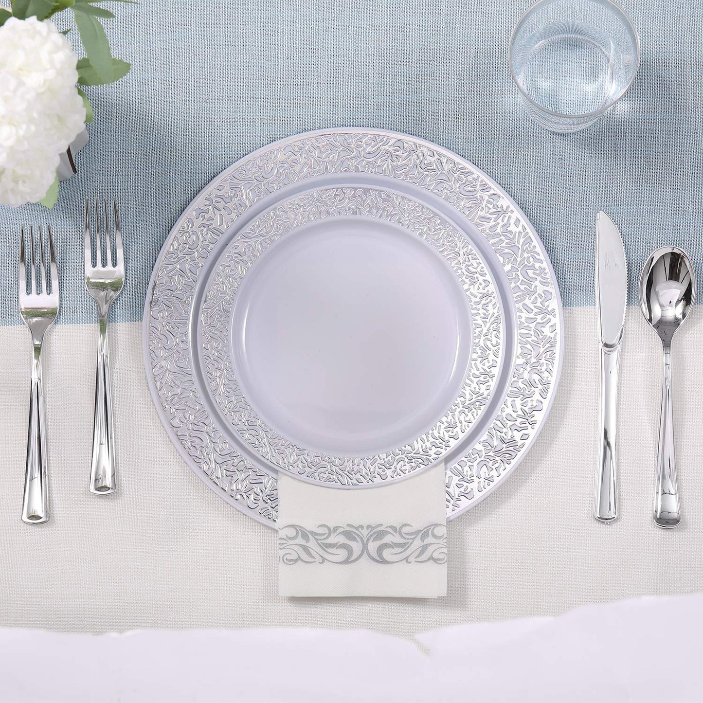 175 Piece Silver Dinnerware Set 25 Guest-50 Silver Lace Plastic Plates-25 Silver Plastic Silverware-25 Silver Plastic Cups-25 Silver Paper Napkins, FOCUSLINE Disposable Dinnerware Set