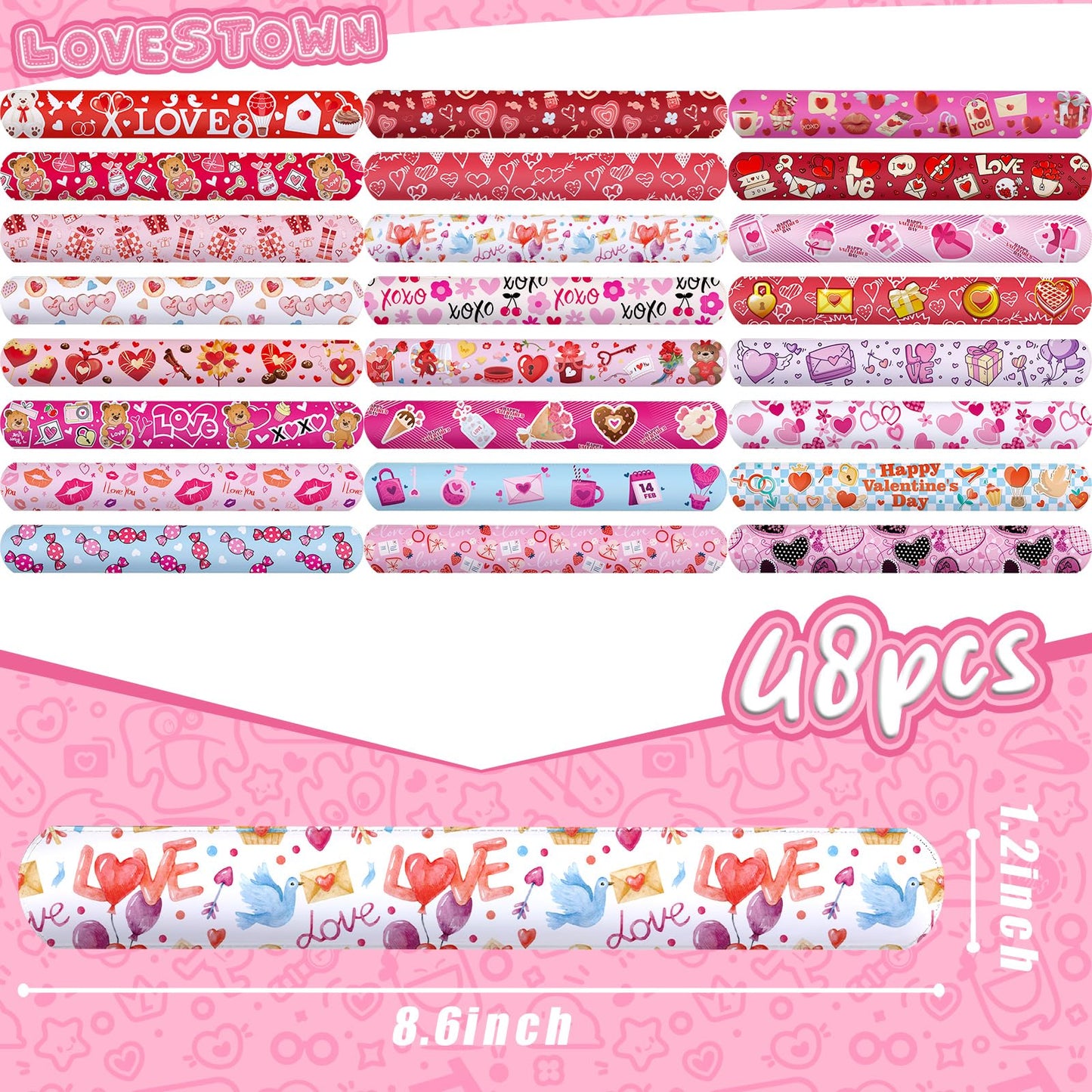 LovesTown 48PCS Valentines Day Slap Bracelets, Red Slap Wristbands Assorted Valentine Snap Bracelets for Kids Gift Exchange Valentine Party Favors