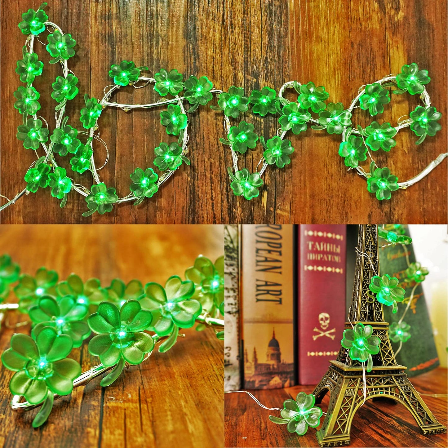 BOHON St Patricks Day Decorations Shamrocks String Lights Battery Operated with Remote 10 ft 40 LEDs Lucky Clover Green Lights for Bedroom Party Feast of Saint St. Patrick's Day Decoration
