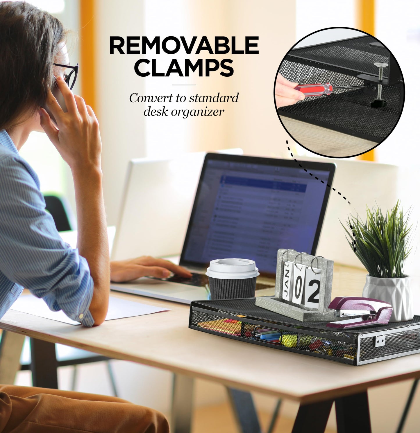 Under Desk Drawer Organizer Clamp-On, Mesh Metal Desk Drawer Attachment, 1 Drawer Slide Out, On Desk Or Under Desk Organizer For Office Supplies & Home Essentials