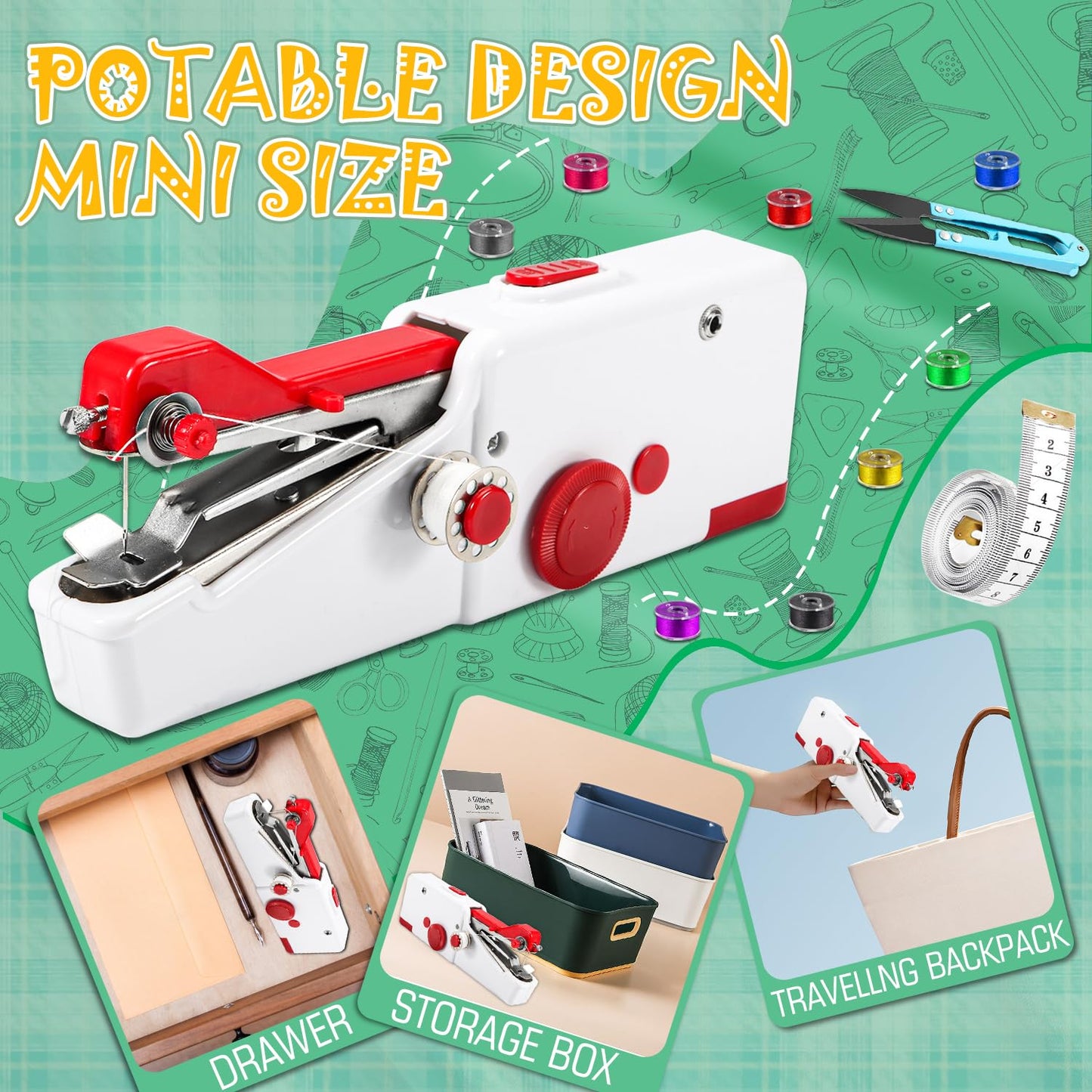 Handheld Sewing Machine, Mini Cordless Portable Hand Sewing Machine for Beginners, Household & Travel Quick Repairs Electric Hand Held Sewing Device for Fabric Clothing Kids Cloth Pet Clothes