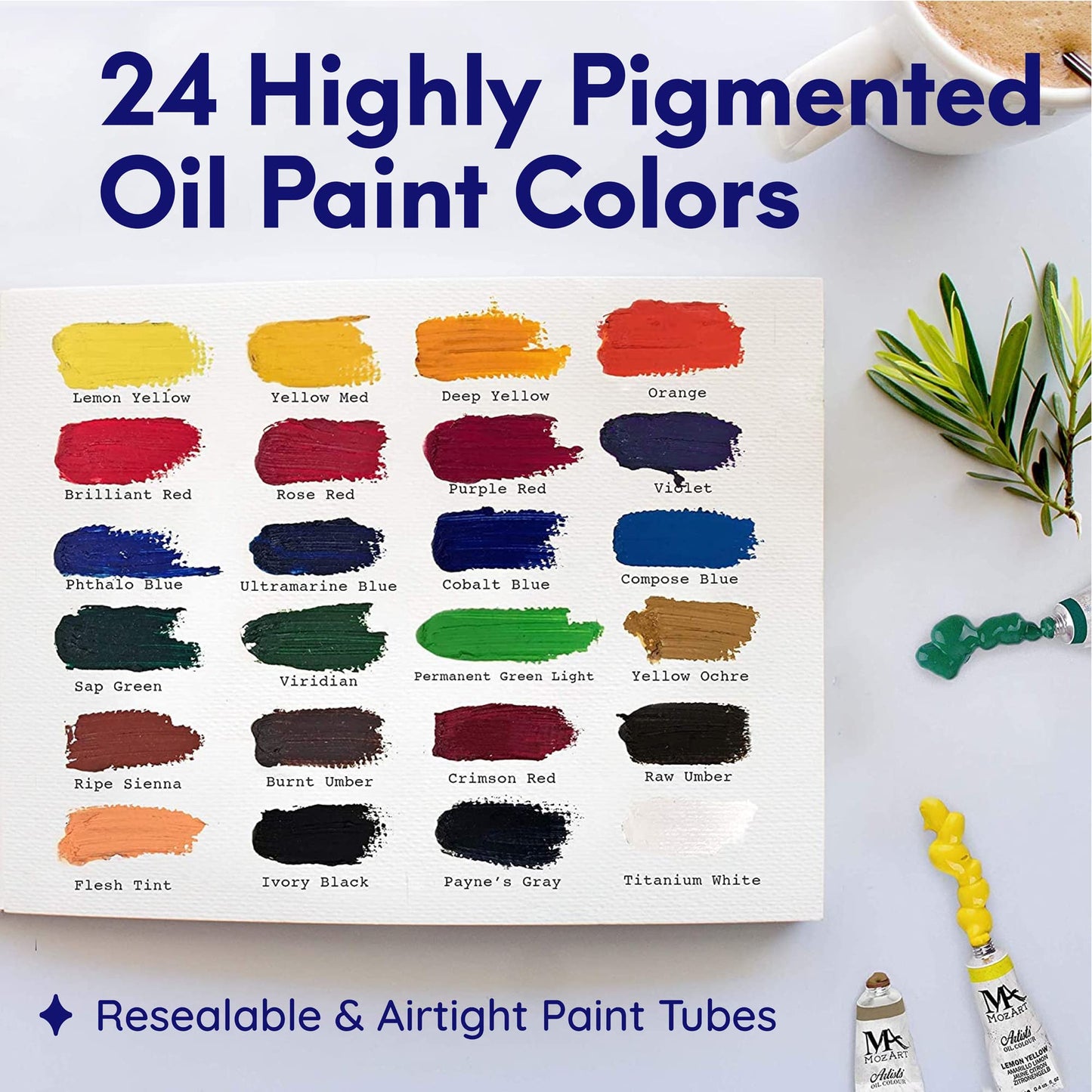 MozArt Supplies Oil Paint Set – 24 Oil Based Paints for Artists, Hobby Painters – Rich Pigment and Non Toxic Oil Painting Set for Artists - Ideal for Canvas, Wall Art, Landscape & Portrait Paintings