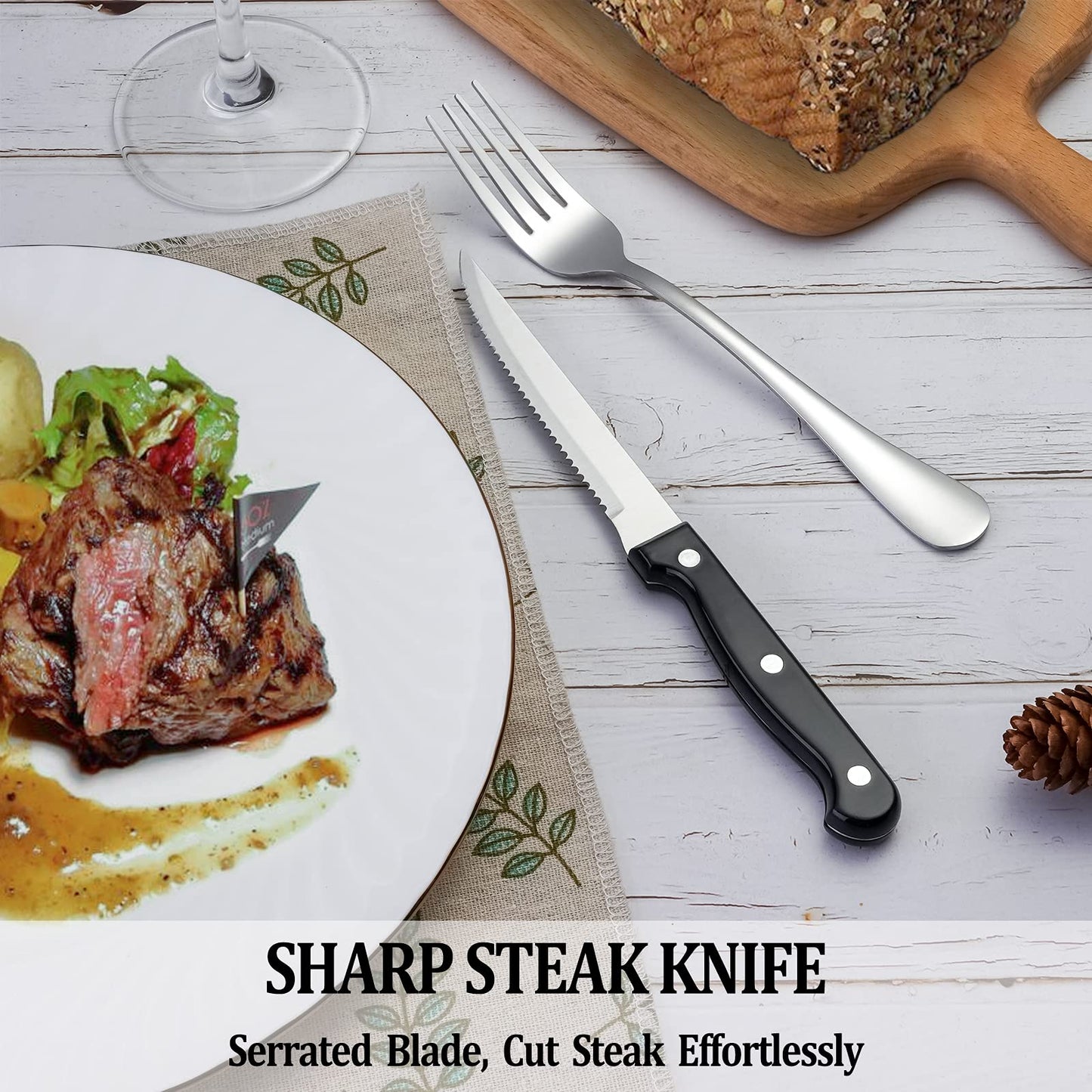 24 Pcs Silverware Set with Steak Knives Service for 4,Stainless Steel Flatware, Mirror Polished Cutlery Utensil Set,Home Kitchen Eating Tableware Set,Include Fork Knife Spoon Set,Dishwasher Safe