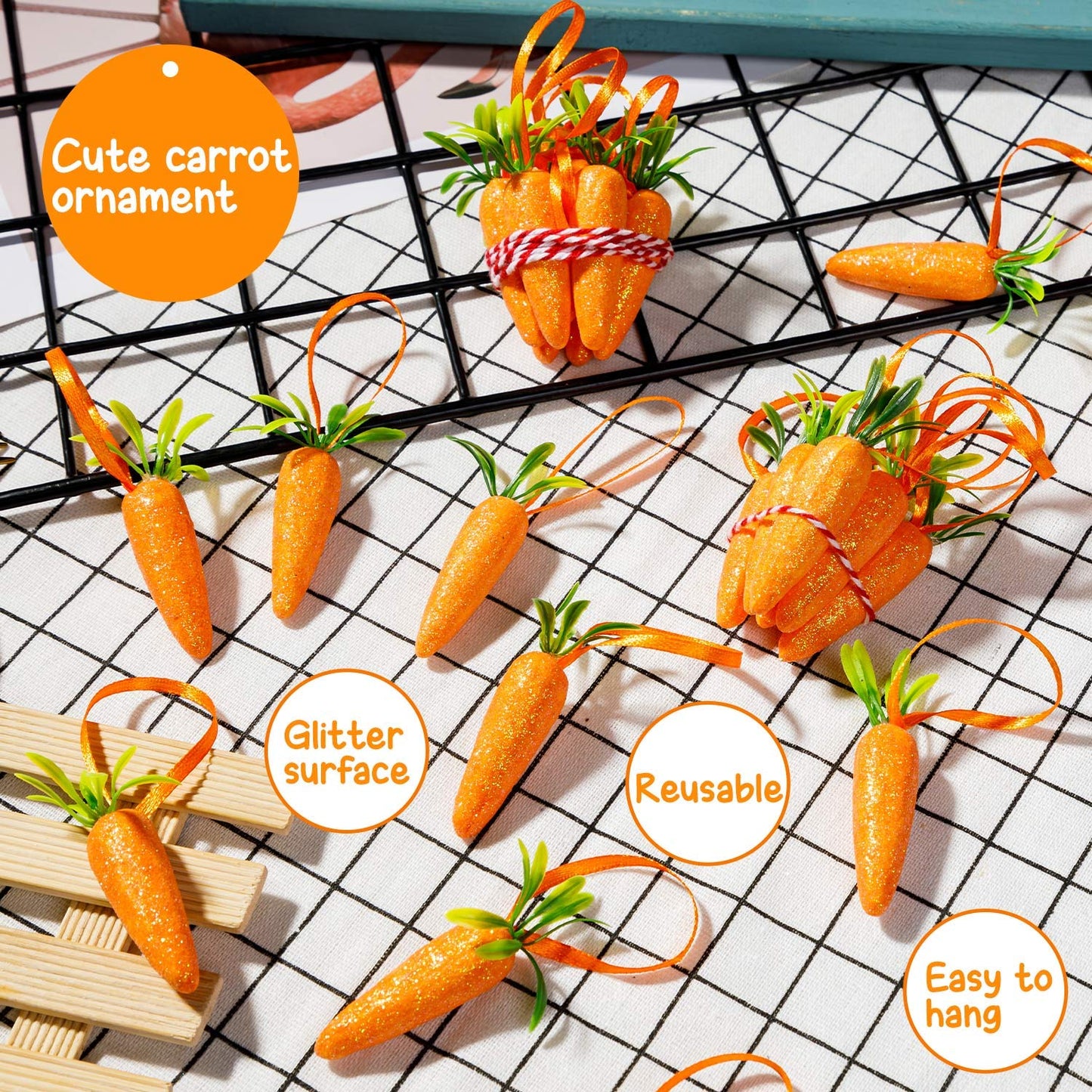Easter Carrot Hanging Ornaments - 12Pcs Premium Foam Glitter Artificial Carrots for Easter Decoration