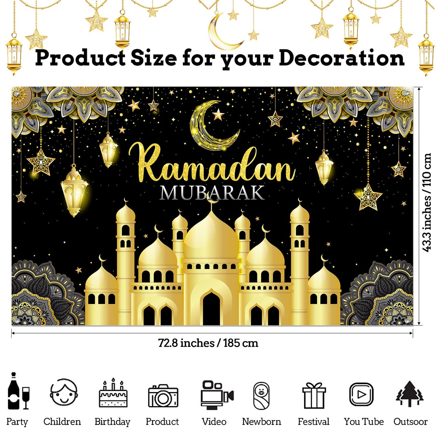 Ramadan Mubarak Decorations Backdrop Banner Muslim Kareem Background Eid Sign Photo Booth for Home Al Fitr Party Supplies (Black)