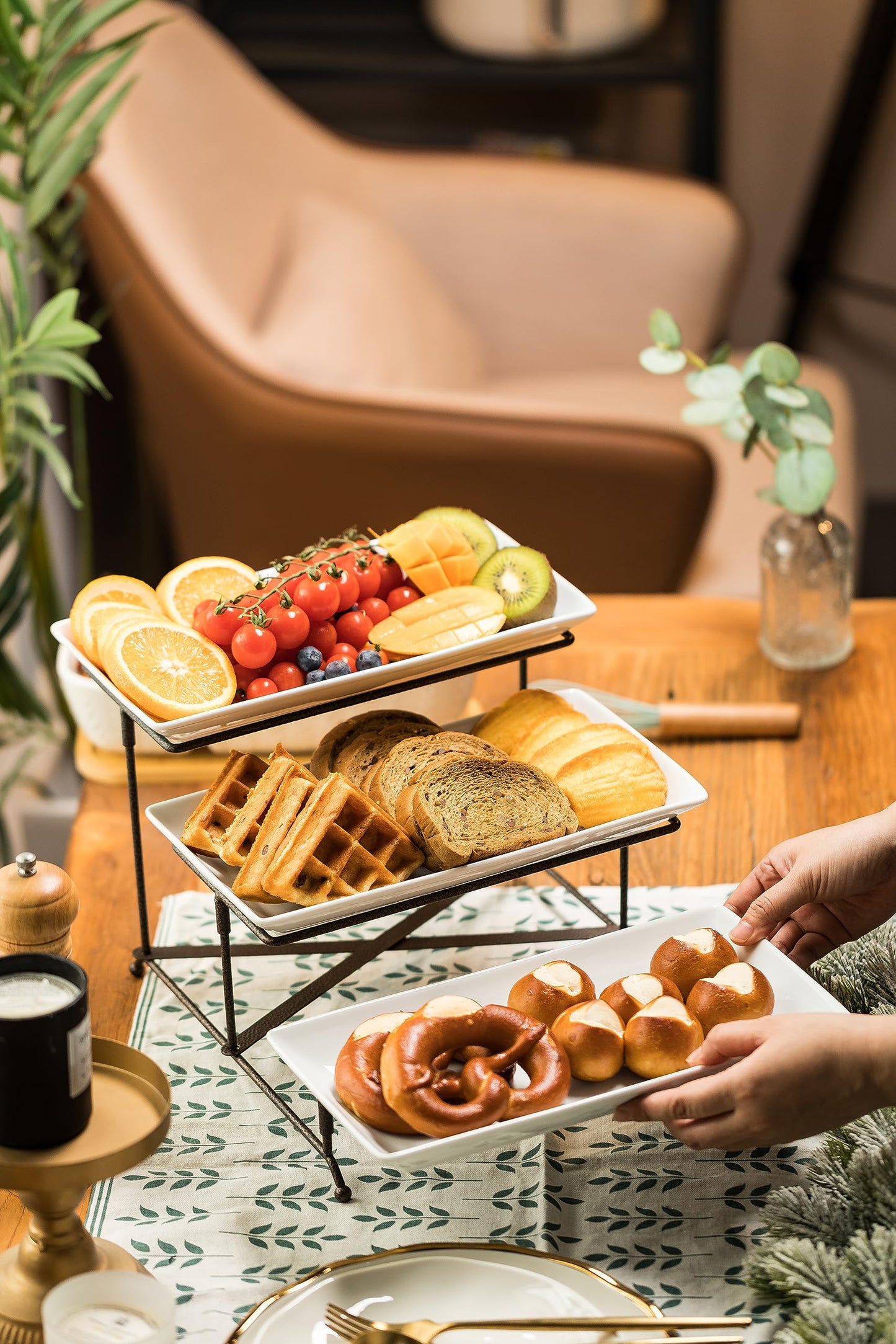 LAUCHUH 3 Tier Serving Stand Collapsible Sturdier Rack with 3 Porcelain Serving Platters Tier Serving Trays for Fruit Dessert Presentation Thanksgiving Christmas Party Display Set, 12 Inch, Bronze