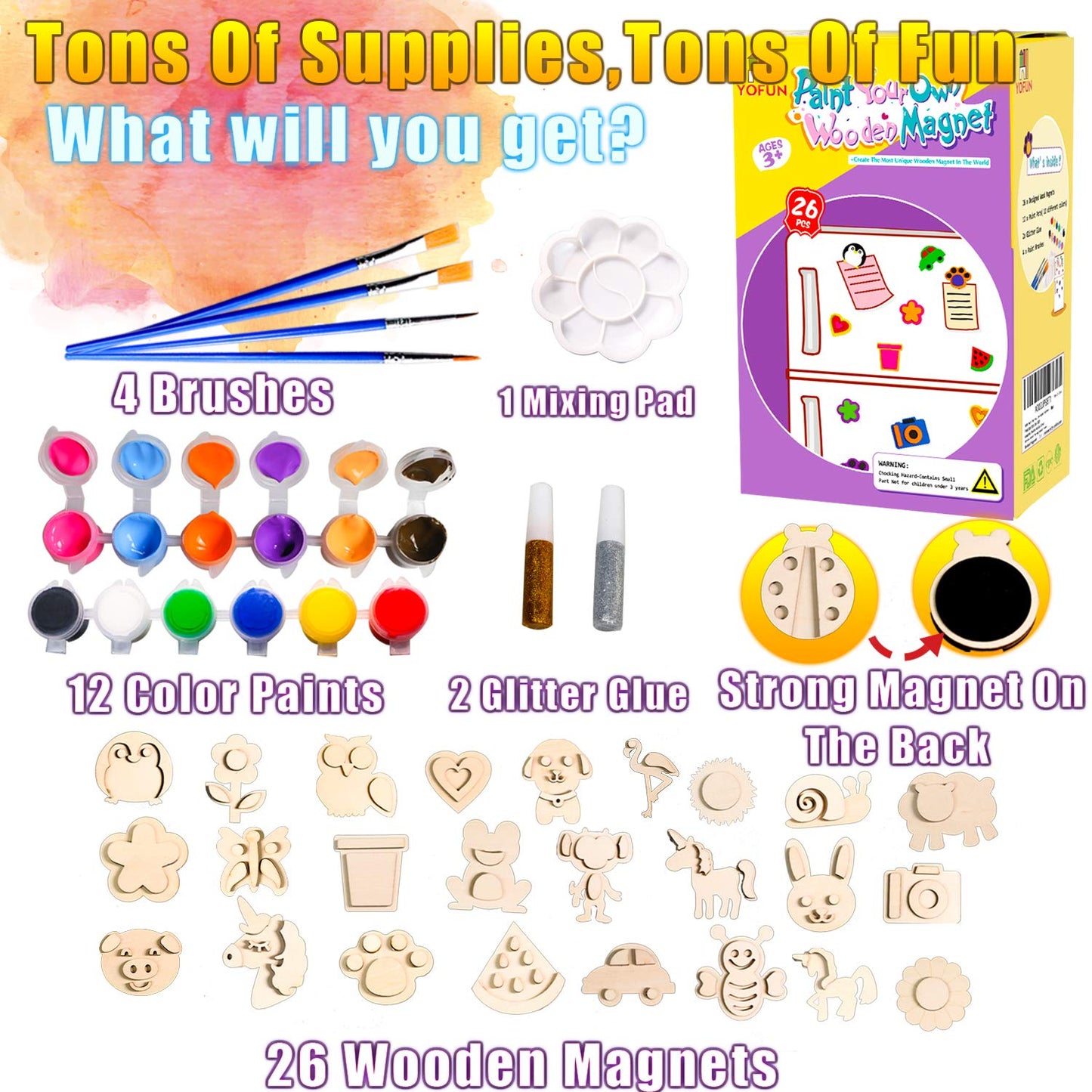 YOFUN Paint Your Own Wooden Magnet - Wood Painting Craft Kit and Art Set for Kids, Art and Craft Supplies Party Favors for Boys Girls Age 4 5 6 7 8, Easter Crafts & Basket Stuffers