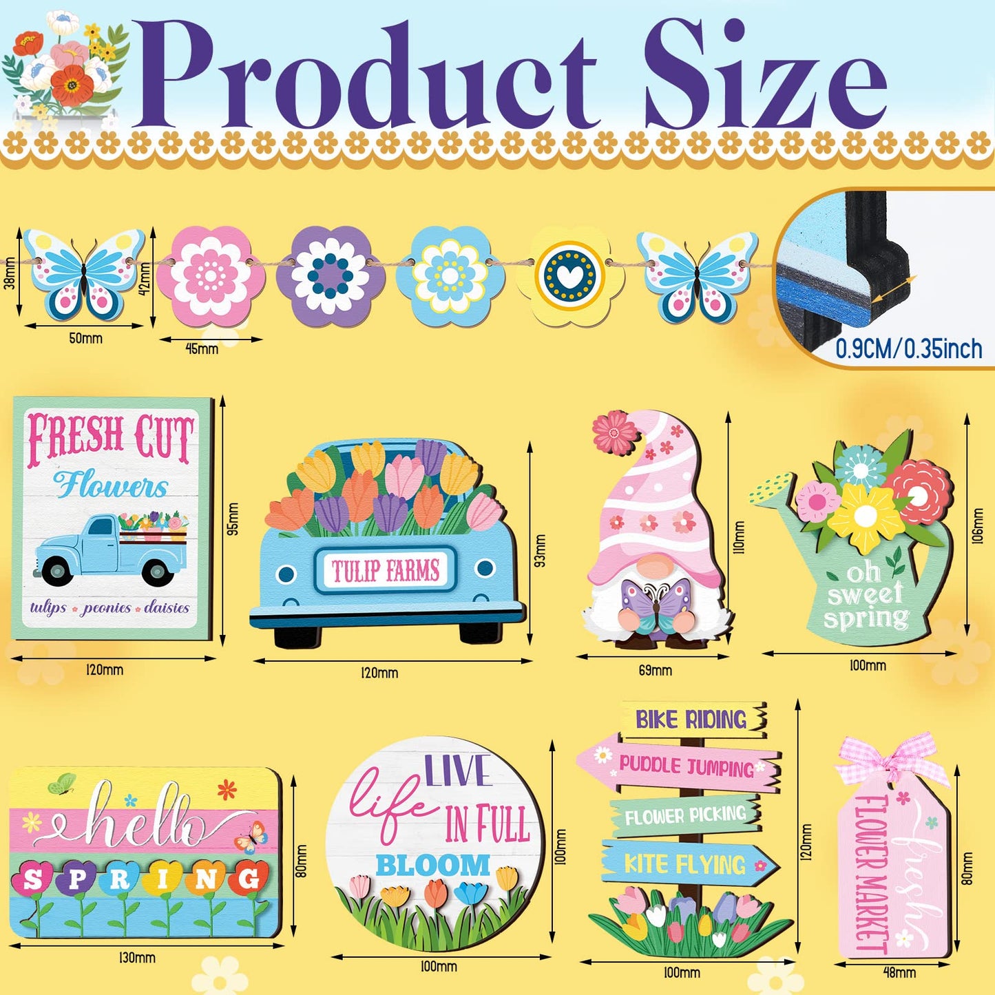 14 Pieces Hello Spring Tiered Tray Easter Decorations Fresh Flower Market Wooden Sign Farmhouse Rustic Wood Mini Tiered Tray for Spring Home Decor