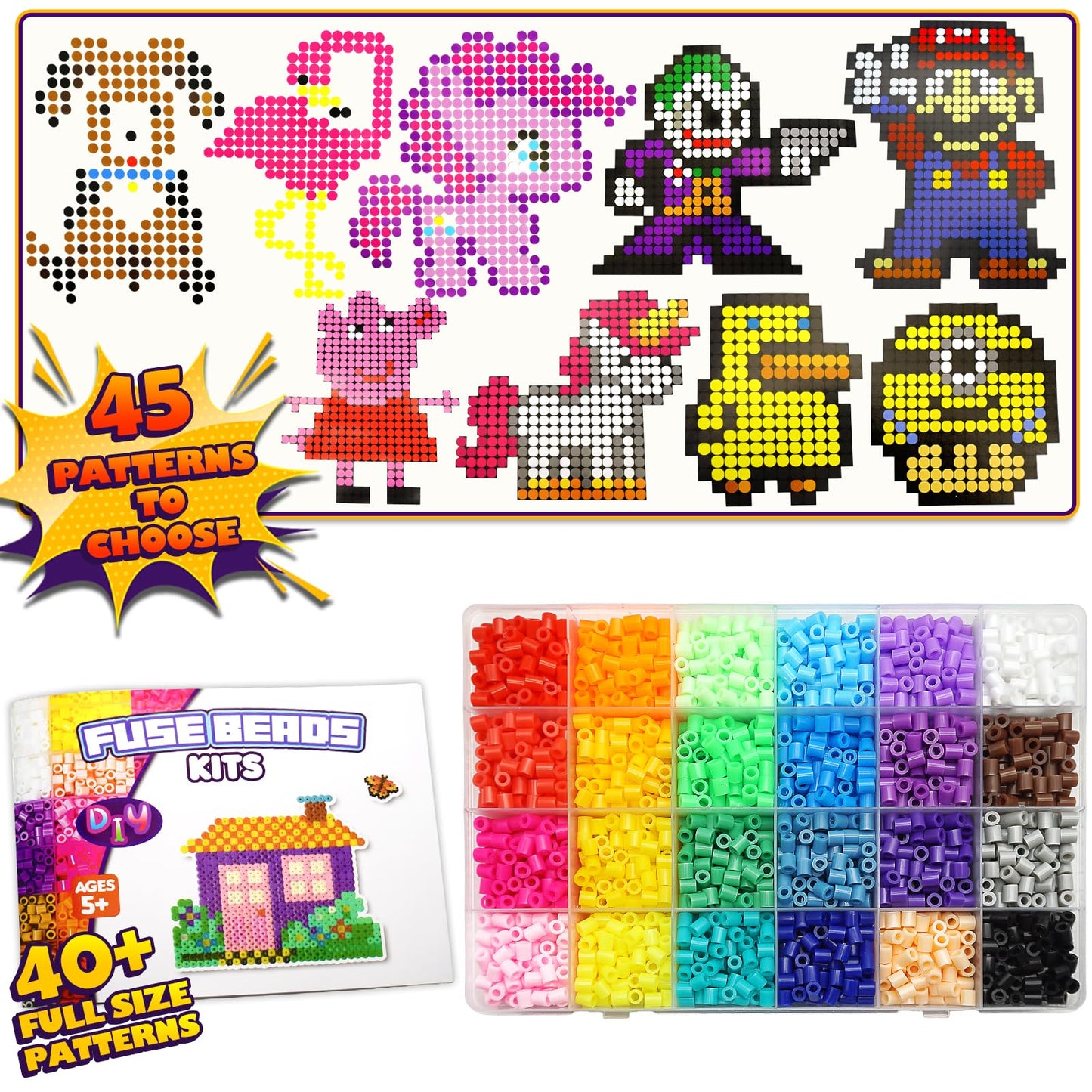 FUNZBO 5200 5mm Fuse Beads Kit - 24 Colors | 45 Patterns, Toys, Kids Crafts for Girls Ages 8-12, Arts and Crafts for Kids Ages 6-8, Gifts for Girls Boys Kids Age 5 6 7 8 9 10 11 12 Year Old