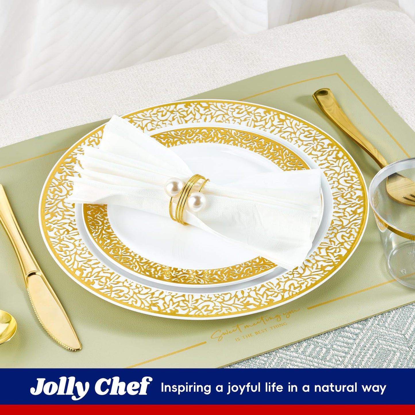 150 Count Gold Dinnerware Set, Elegant Plastic Plates Disposable Include: 25 Gold Lace Plastic Plates, 25 Dessert Plates, 25 Forks, 25 Knives, 25 Spoons, 25 Cup, Ideal for Party, Birthday
