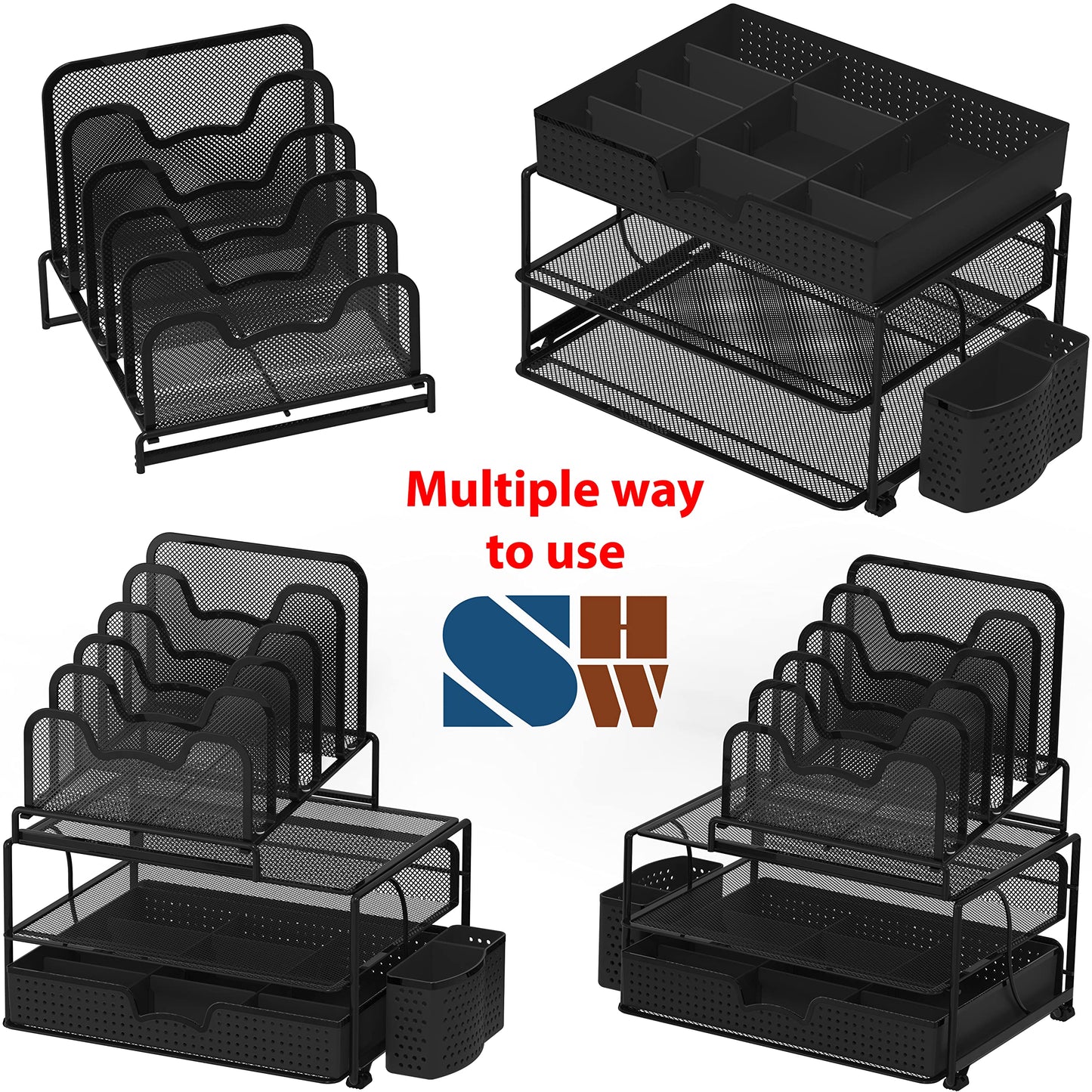 SimpleHouseware Mesh Desk Organizer with Sliding Drawer, Double Tray and 5 Stacking Sorter Sections, Black