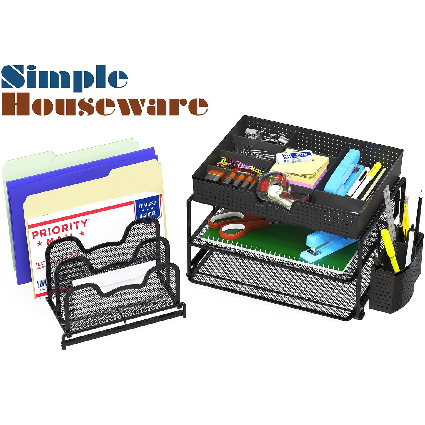 SimpleHouseware Mesh Desk Organizer with Sliding Drawer, Double Tray and 5 Stacking Sorter Sections, Black