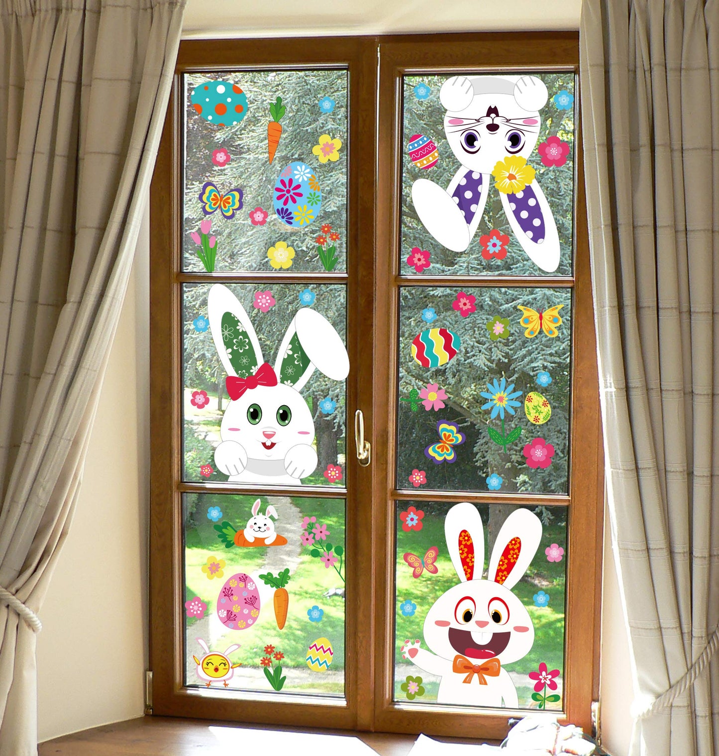 361PCS Easter Bunny Window Cling Decorations - Egg Hunt Games Decals Home Party Ornaments