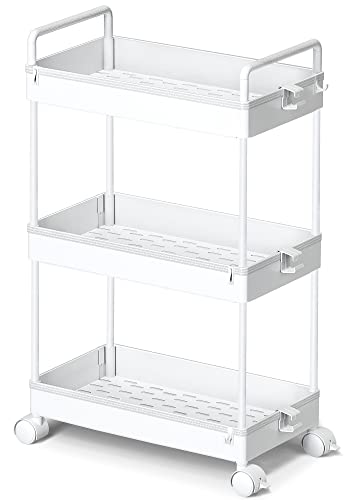 Ronlap 3 Tier Classic Storage Rolling Cart Slim Storage Cart with Wheels Slide Out Storage Rolling Cart Organizer Plastic for Bathroom Laundry, White