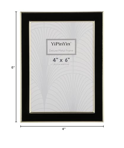 4x6'' Gold Metal Edge frames with Black Enamel set of 2, 6x4''Gold/Black Frame with Easel, Velvet Backing for Countertop, Tabletop Display, Bookshelf, Desk, 4x6''Wall Frames, (4x6'' Black/Gold)