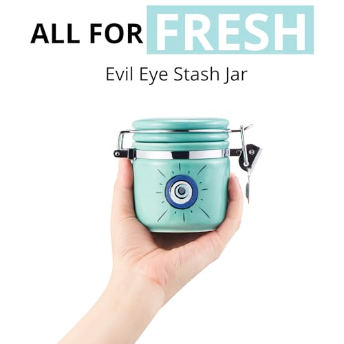 Evil Eye Stash Jar Half Oz (250ml), Odor Smell Proof Jar Airtight Container Keep Herbs Fresh Storage, Stash Jar Air Tight Container Ceramic, Turkish Blue Eye Nazar Decor Witchcrafts Ritual Accessories