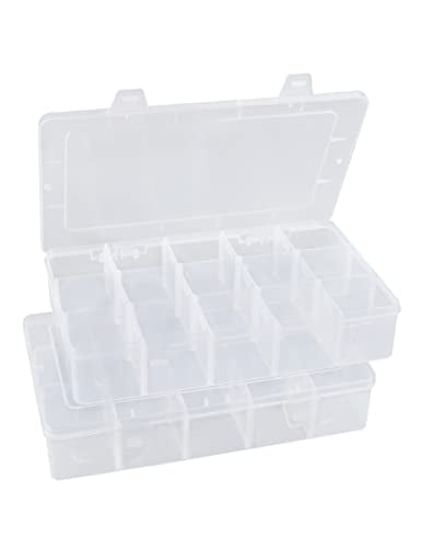 Tnqhuq Plastic Organizer Box Craft Box Bead Organizer Tackle Box Organizer 2 Pack 15 Large Grids Clear Craft Storage Box Snackle Box Container Washi Tape Organizer