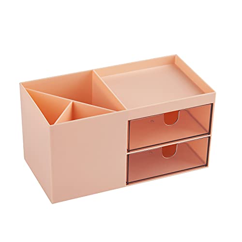 LETURE Office Desk Organizer with drawer, Office Supplies and Desk Accessories, Business Card/Pen/Pencil/Mobile Phone/Stationery Holder Storage Box (Pink)