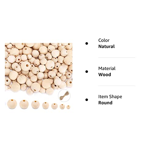 UOONY 800pcs Wooden Beads for Crafts 7 Sizes Unfinished Natural Wood Beads Wooden Beads Bulk 6mm, 8mm, 10mm, 12mm, 14mm, 16mm, 20mm Beads for Garland Macrame Jewelry Making DIY Farmhouse Decor