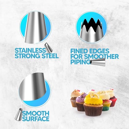 Riccle Piping Bags and Tips Set, 12 Inch 100 Anti Burst Piping Bags, Cake Decorating Kit with 18 Piping Tips, 1 Reusable Pastry Bags, 3 Cake Scrapers, 2 Couplers, and 2 Icing Bags Ties