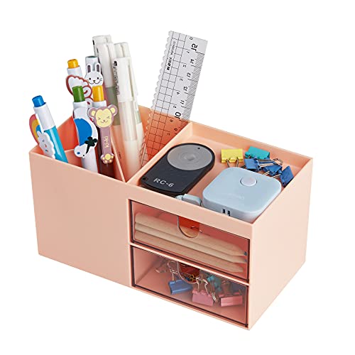 LETURE Office Desk Organizer with drawer, Office Supplies and Desk Accessories, Business Card/Pen/Pencil/Mobile Phone/Stationery Holder Storage Box (Pink)
