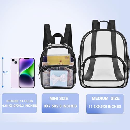 USPECLARE Clear Mini Backpack Stadium Approved, Size 7.5"x2.8"x9" for Girls, for Concert, Festival, Sport Events&Daily Use(Black)