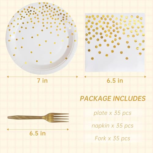 WXLDGHQ White and Gold Paper Plates Napkins Party Supplies,Disposable Gold Dot Paper Dessert Plates,105 PCS Birthday Plates and Napkins Party Supplies for Wedding(Serves 35 Guests 7")