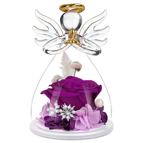 Mothers Day Mom Gifts for Her,Preserved Flowers Rose in Glass Angel Figurines,Birthday Gifts for Women,Mothers Present from Daughter,Purple Flowers Angels for Grandma Wife Sister Girlfriend Valentines
