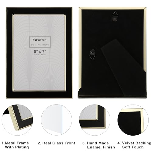 4x6'' Gold Metal Edge frames with Black Enamel set of 2, 6x4''Gold/Black Frame with Easel, Velvet Backing for Countertop, Tabletop Display, Bookshelf, Desk, 4x6''Wall Frames, (4x6'' Black/Gold)