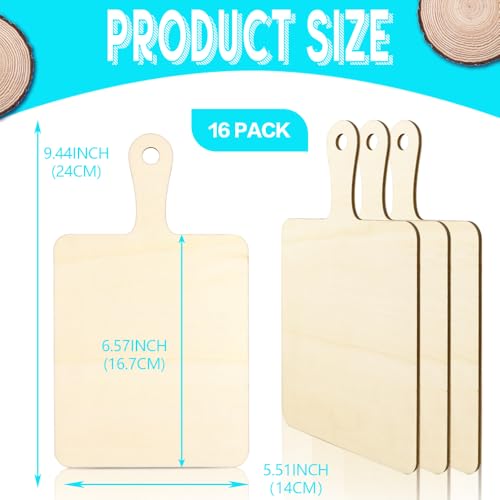16 Pack Unfinished Wood Cutting Board Craft with Handle, Wooden Paddle Cheese Bread Board Set Chopping Board Serving Tray for Craft DIY Christmas Home Kitchen Cooking Decor (9.4" x 5.5")