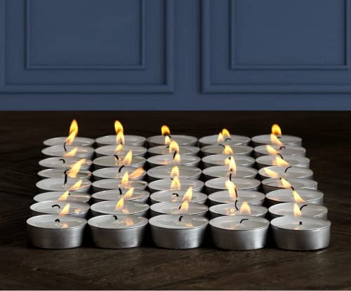 Pomp Glow 4 Hour Tealights (100 Pack) | White Unscented Decorative Tea Light Candles That Will Light Up Your Home, Wedding, Dinner & Any Special Occasion | Long Lasting, Smokeless, Mess Free Candles