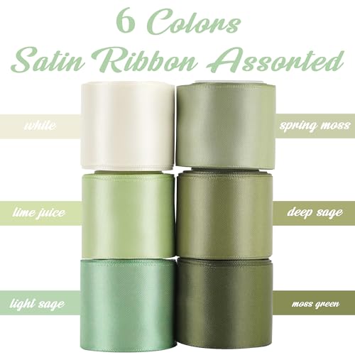 HUIHUANG Sage Green Ribbon 1-1/2 inch Light Sage/Dusty Sage/Moss Green/Antique White Satin Ribbon Set for Flower Bouquet, Gift Wrapping, Hair Bows, Crafts, Eternal Flowers- 6 Rolls