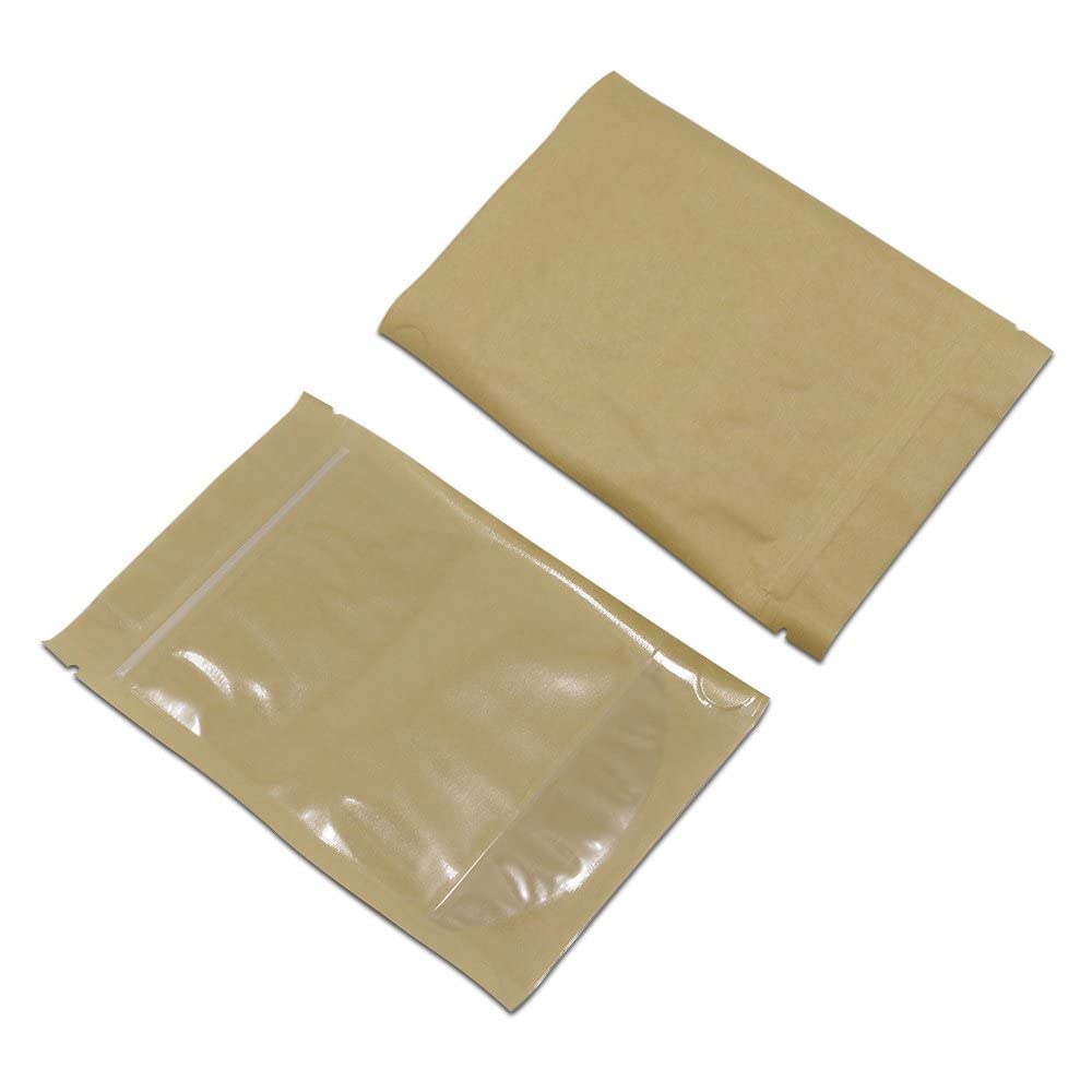 FERENLI 50 Pcs Clear Fornt Brown Kraft Paper for Zip Plastic Package Lock Bag Doypack Stand Up Pouch Zipper Lock Reclosable Pouch Nuts Coffee Food Storage Packaging Pack (3.9x5.9 inch)