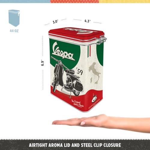 Nostalgic-Art Retro coffee tin box, 44 oz, Vespa – The Italian Classic – Gift idea for scooter fans, Official License Product (OLP), metal clip top can, vintage design
