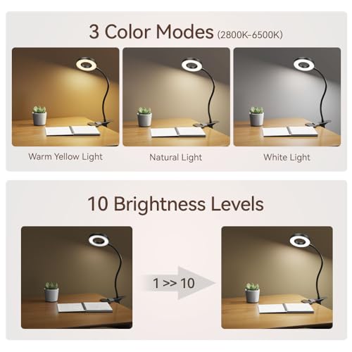 LED Desk Lamp Clip on Light with 3 Color Modes 10 Brightness Ring/Clamp Light 360° Flexible Gooseneck Dimmable Eye Protection Desk Light Desk Lamps for Home Office with Video Tutorials