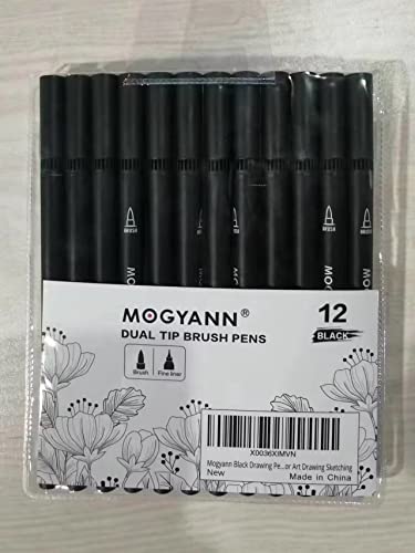 Mogyann Drawing Pens, 12 Pack Dual Brush Pens Black Markers for Art Drawing Sketching