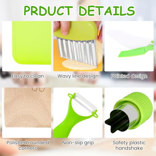 13 Pieces Montessori Kitchen Tools Cookware Baking Toy for Toddlers Kids, Toddler Safe Knife Set for Real Cooking, Cutting Boards, Crinkle Cutter, Serrated Edges and Wooden Safe Knives