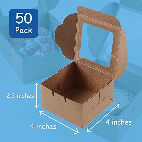 Kraft Paper Bakery Boxes - 50-Pack Single Pastry Box 4-Inch, Packaging with Clear Display Window, Donut, Mini Cake, Pie Slice, Dessert Disposable Take-Out Container, Brown, 4 x 2.3 x 4 Inches