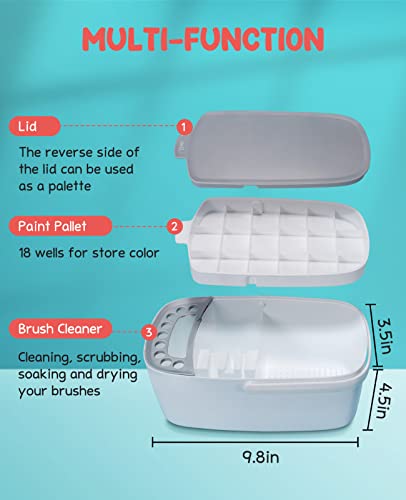 GAMENOTE Paint Brush Cleaner - Paint Brush Holder with Palette and Handle, Paint Brush Rinser for Acrylic, Watercolor, and Water-Based Paints, Painting Art Supply Storage Organizer (White+Grey)