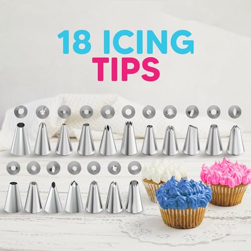 Riccle Piping Bags and Tips Set, 12 Inch 100 Anti Burst Piping Bags, Cake Decorating Kit with 18 Piping Tips, 1 Reusable Pastry Bags, 3 Cake Scrapers, 2 Couplers, and 2 Icing Bags Ties