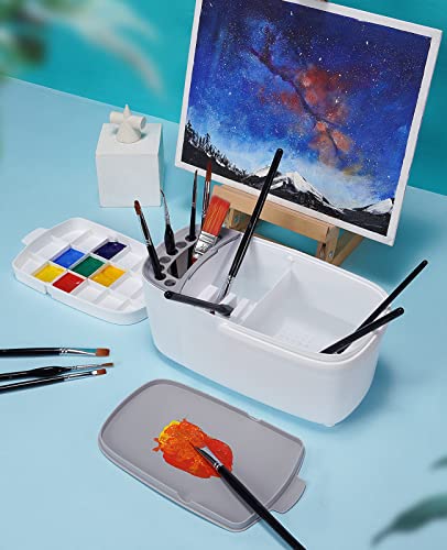 GAMENOTE Paint Brush Cleaner - Paint Brush Holder with Palette and Handle, Paint Brush Rinser for Acrylic, Watercolor, and Water-Based Paints, Painting Art Supply Storage Organizer (White+Grey)